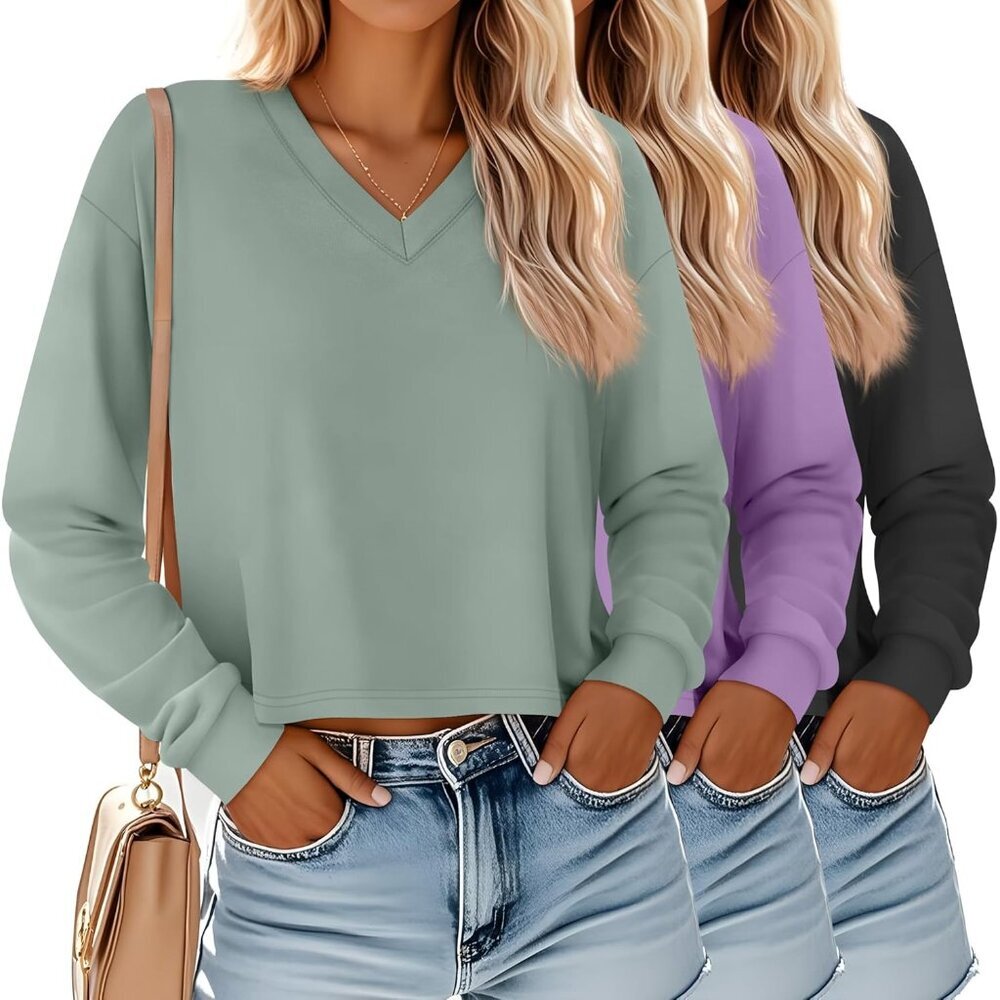 Women's Crop Long Sleeve Tops 3 Pack Loose V Neck Casual Fall Winter